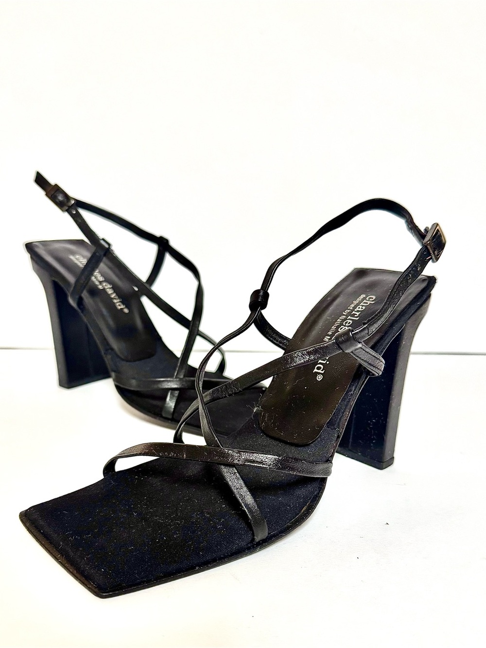 Charles David Black Leather Strappy Square-Toe Heels